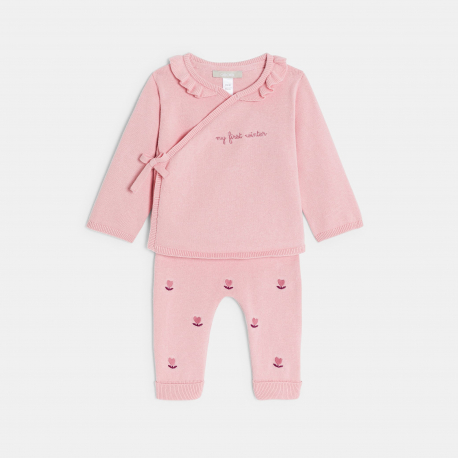 Obaibi Πουλόβερ και παντελόνι πλεκτά φλοράλ ροζ για νεογέννητα κοριτσάκια