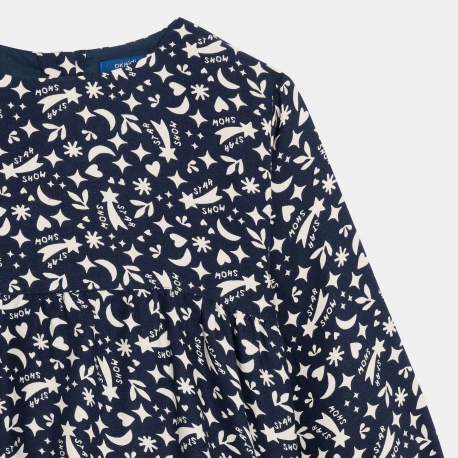 Okaidi Φόρεμα μακρυμάνικο με τυπωμένα σχέδια σε ναυτικό μπλε για κορίτσια