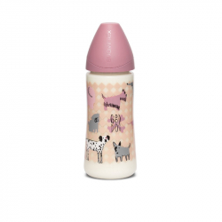 Suavinex μπιμπερό Dog Pink με θηλή Round παχύρευστων τροφών 360ml 4m+(1τμχ)