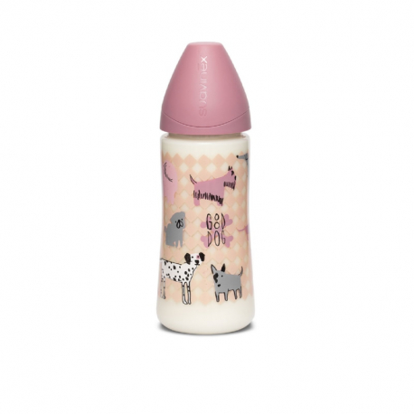 Suavinex μπιμπερό Dog Pink με θηλή Round παχύρευστων τροφών 360ml 4m+(1τμχ)