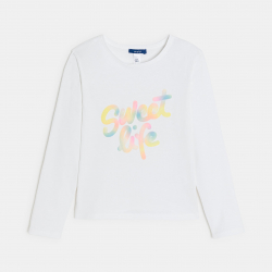 Okaidi Μπλούζα μακρυμάνικη με μήνυμα, λευκή, για κορίτσια