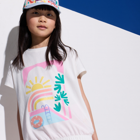 Okaidi T-shirt blanc ecru a motif fille