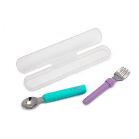 Σετ κουτάλι και πιρούνι Melii Spork On the Go Mint - Purple 2 σε 1 με θήκη