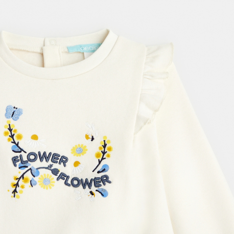 Obaibi Sweat molleton fleurs brodees beige bebe fille