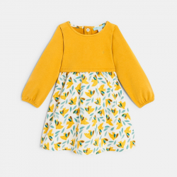 Obaibi Φόρεμα από δύο υλικά με τυπωμένα πουλιά κίτρινο για μωρά κοριτσάκια