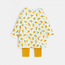 Obaibi Φόρεμα με σχέδιο πουλιά από ελαφρύ χνουδωτό ύφασμα και κίτρινο κολάν για μωρά κο