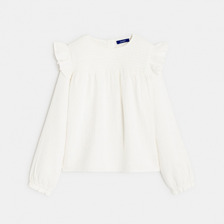 Okaidi Μπλούζα βαμβακερή με «σφηκοφωλιά» λευκή για κορίτσια
