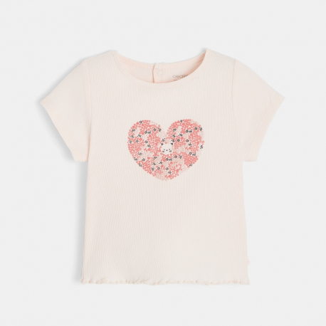 Obaibi T-shirt maille cotelee motif coeur rose bebe fille