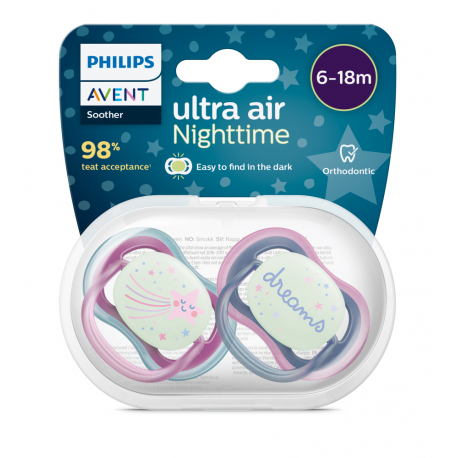 Πιπίλες νυκτός Philips Avent Ultra Air Night 6-18m Girl, σετ των 2 - SCF376/14