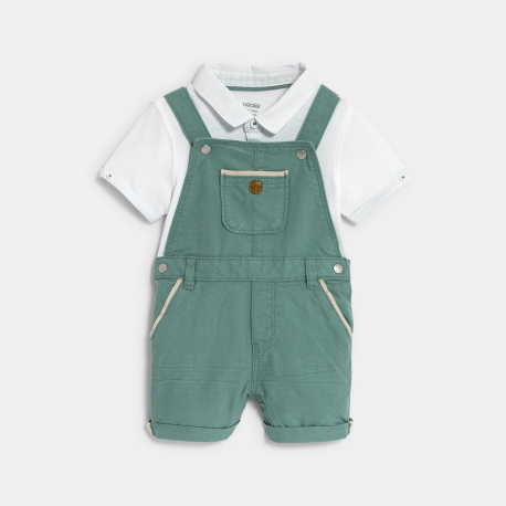 Obaibi Baby boy&#039;s green short dungarees and white pique polo shirt