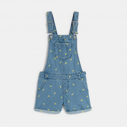 Okaidi Girls blue denim short overalls embroidered with lemons