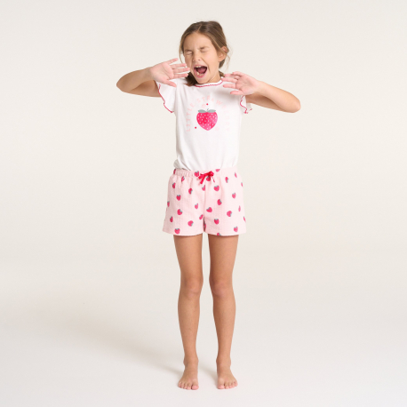 Okaidi Πυτζάμα καλοκαιρινή 2 τεμαχίων με μοτίφ φράουλα, λευκή για κοριτσάκια