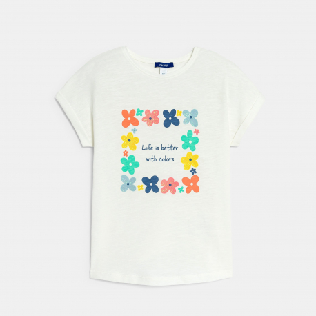Okaidi Girl&#039;s white short-sleeve T-shirt with slogan